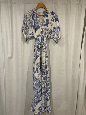 Reformation Cream and Blue Floral Wrap Maxi